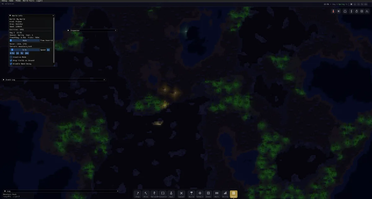 Afterlight at night: lit camp among dark forest